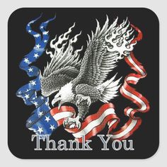 an american flag and eagle with the words thank you on it square sticker,