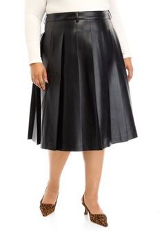 ENGLISH FACTORY's pleated midi skirt is a must-have for any fashion-forward woman. With its elegant pleats and high-rise waist, it will flatter your figure and make you feel confident and stylish. The zip closure and fully lined interior ensure a comfortable and secure fit, while the side seam pockets provide convenient storage for your essentials. Crafted from high-quality fabric, this skirt is easy to care for and will last for seasons to come. | ENGLISH FACTORY Women's Plus Size Pleated Midi Midi Skirt Black, English Factory, Plus Size Skirts, Pleated Midi Skirt, Skirt Black, Feel Confident, Make You Feel, Plus Size Outfits, Quality Fabric