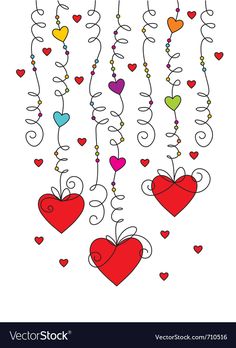 hearts hanging from strings on a white background