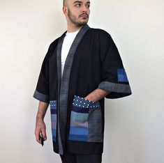 Black Cotton Outerwear With Kimono-style Sleeves, Black Cotton Outerwear With Kimono Sleeves, Winter Black Cotton Kimono, Long Sleeve Cotton Kimono With Pockets, Black Cotton Cardigan With Pockets, Male Cardigan, Plus Size Male Model, Noragi Jacket, Traditional Japanese Clothing