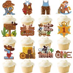 the cupcakes are decorated with cowboy themed decorations