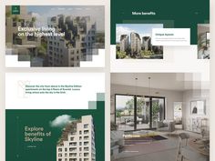 four different brochures showing the interior and exterior views of apartment buildings in green tones