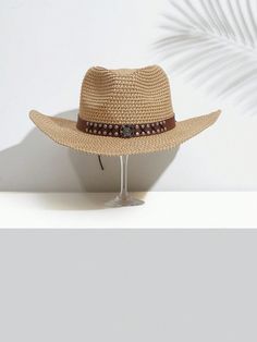 Stay stylish and protected from the sun with our Tape-Studded Decor Straw Cowboy Hat. Perfect for your daily boho life, this hat features a unique tape-studded decoration that adds a touch of style to any outfit. Made with high-quality materials, it provides both fashion and function. Color : Brown Material : Paper Size Crown one-size 58 Adjustable Beige Sun Hat For Festival, Adjustable Bohemian Straw Hat For Outdoor, Bohemian Sun Hat With Short Brim For Outdoor, Bohemian Wide Brim Hat For Outdoor, Bohemian Beige Fedora For Outdoor, Beige Bohemian Fedora For Outdoor, Beige Bohemian Outdoor Fedora, Western Style Sun Hat For Beach Season, Bohemian Bucket Hat For Rodeo