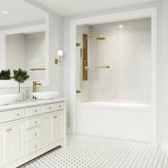 a white bathroom with two sinks and a bathtub