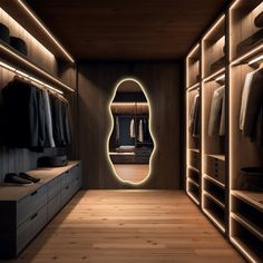 a walk in closet with wooden flooring and lighted shelves