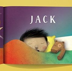 an open children's book with a boy sleeping in bed next to a teddy bear