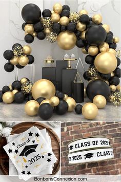 black and gold graduation party decorations, balloons and streamers for the class of 2013