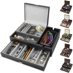 an open briefcase filled with lots of different items and money in each compartment on top of it