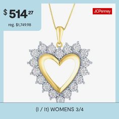 Features: In A Gift Box, Certified Diamonds, Quick ShipDiamond Clarity: I1Jewelry Closure: Spring Ring ClaspSetting: NickShape: HeartStone Cut: RoundDiamond Color: IMetal Color: YellowChain Length: 18 InchPendant Length: 30.4mmPendant Width: 25mmRounded Carat Weight: 3/4 Ct. T.w.Chain Construction: BoxCare: Wipe CleanStone Type: 18 Lab Grown DiamondAuthenticity: Lab Grown DiamondBirthstone: April BirthstoneMetal: 10k GoldNecklace Type: Pendant NecklacesCountry of Origin: Imported 17 Jewels Heart Necklace For Anniversary, Diamond Heart Necklace With 17 Jewels, Yellow Gold Heart Necklace For Anniversary, Gold Heart Necklace Stamped 14k, White Heart Necklace For Anniversary, Stamped 14k Necklaces For Anniversary, Stamped 14k Gold Necklace For Valentine's Day, 14k Stamped Heart Pendant Necklace, Stamped 14k Anniversary Necklace