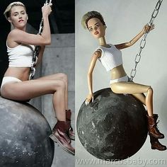 two pictures of a woman sitting on top of a ball with chains attached to it