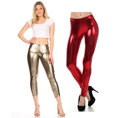 Faux Leather leggings add an edgy rock 'n' roll flair to your wardrobe! Opaque fashion leggings are an affordable way get a trendy look without sacrificing comfort. Pair with tunics, sweaters, dresses or skirts for the perfect outfit. Trendy Leggings, Fashion Leggings, Shiny Leggings, Under Dress, Stretch Leggings, Wet Look, Metallic Dress, Faux Leather Leggings, Skirt Leggings