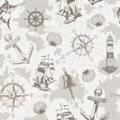 a gray and white wallpaper with ships, lighthouses, and other things on it