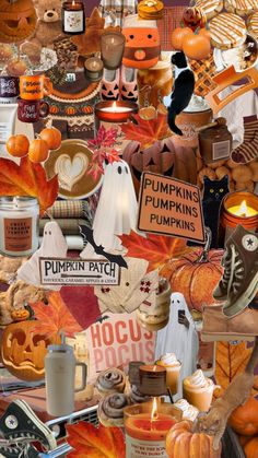 a collage of pumpkins, candles and other items