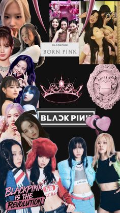 blackpink collage with many pictures and words on the bottom right corner, including two