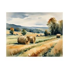 a painting of hay bales in a field