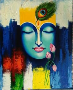 a painting of a buddha face with a flower in it's mouth and eyes closed