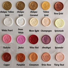 the names and colors of different types of wax seals on a sheet of white paper