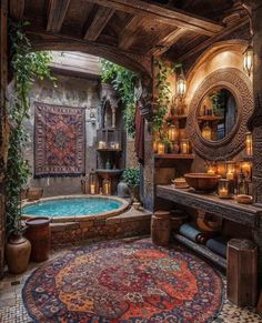 an ornate bathroom with a large rug on the floor and a jacuzzi tub