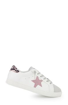 A sporty sneaker features a star logo and eye-catching panels for chic style. 1" platform Round toe Lace-up vamp Synthetic upper, lining, manmade sole Imported White Sporty Sneakers With Star Patch, Vintage Havana Sneakers High Top, Pink Vintage Havana Sneakers, White Sneakers With Star Patch, Sporty Sneakers, Star Logo, Vintage Havana, Golden Goose Sneaker, Havana