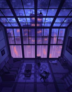 a living room filled with furniture under a purple sky