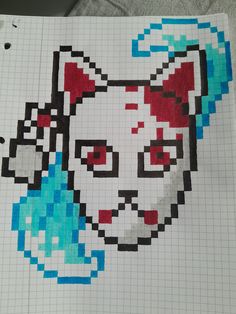 a drawing of a cat with red and blue eyes