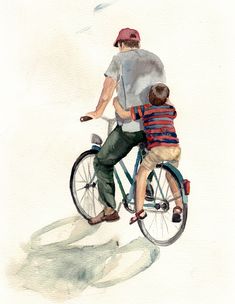 a watercolor painting of a man riding a bike with a boy on the back