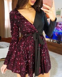 V-Neck Long Sleeve Sequin Stitching Dress sold by Womens Style on Storenvy Sequin Dress Short, Long Sleeve Sequin Dress, Stitching Dresses, Design Hair, Ruched Mini Dress, Sequin Party Dress, Pleated Mini Dress, Long Sleeve Sequin, Fancy Dresses