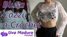 a woman wearing a white lacy crop top and black pants with the words blusa cazu as crochet