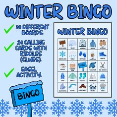 a winter bingo game with snowflakes on it and the words'winter bingo '