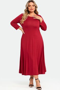 Solid Color 3/4 Length Fall Dress, Fall Solid 3/4 Length Dresses, Red Half Sleeve Dress For Fall, Fall Solid Color 3/4 Length Dresses, Solid Color Dresses With 3/4 Sleeve For Fall, Fall Dresses With 3/4 Sleeves In Solid Color, Solid Color Fall Dress With 3/4 Sleeves, Fit And Flare Long Sleeve Midi Dress, Fit And Flare Midi Dress With Long Sleeves