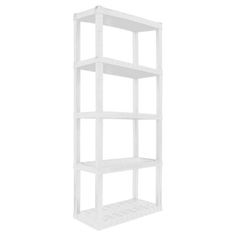 a white shelving unit with four shelves