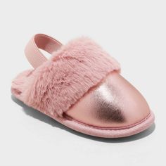 Add a touch of sparkle and warmth to your toddler's feet with these Lila Metallic Scuff Slippers from Cat & Jack™. These scuff slippers are designed with a metallic closed-toe upper with faux-fur trim and cozy lining for all-day comfort. The slip-on style with an open back and a heel strap plus an indoor/outdoor outsole for all-purpose wear complete the design. Cat & Jack™: Designed for all children so you can trust it's made for yours. Plastic Shoes, Clog Slippers, Loafer Slippers, Toe Designs, Cat & Jack, Fur Trim, Strap Heels, Kid Shoes, Kids Shoes