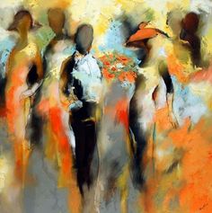 an abstract painting of people with umbrellas