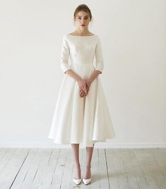 Satin Mid-Calf Tea length With Sleeve New Simple Wedding Dress Sexy Wedding Dresses BlissGown Tea Length Prom Dress, Courthouse Wedding Dress, Midi Wedding Dress, Beach Wedding Dress Boho, Rehearsal Dinner Dresses, Wedding Dresses Satin, Casual Wedding Dress, Satin Wedding Dress, Winter Wedding Dress