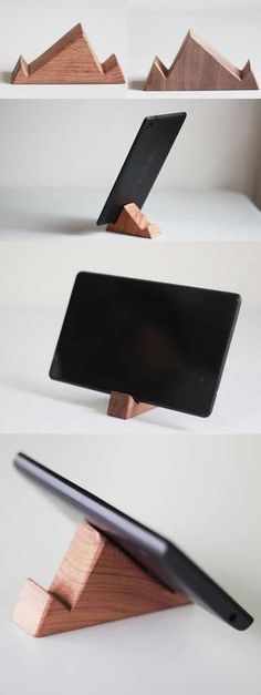 three different angles of a wooden tablet holder