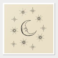 a black and white drawing of a crescent moon surrounded by stars on a beige background