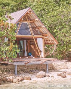 a small wooden cabin sitting on top of a sandy beach