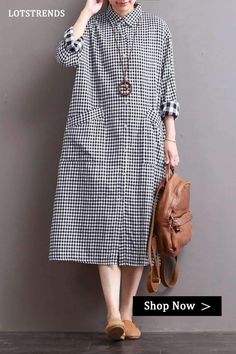 Linen Plaid Casual Loose Shirt Dress Long Shirt for Women Shirt Dress Winter, Dress Winter Long, Loose Shirt Dress, Shirt Dress Long, Trendy Dresses Summer, Boho Styl, Blue Denim Dress, Linen Shirts Women, Womens Denim Dress