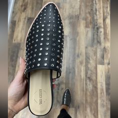 A Rider Girl Brand - Nwt Studded Black Mule Trendy Black Mules With Round Toe, Trendy Black Flat Heel Mules, Trendy Black Closed Toe Mules, Black Leather Studded Mules, Black Studded Mules With Round Toe, Trendy Synthetic Mules For Fall, Trendy Black Synthetic Mules, Casual Synthetic Mules For Party, Trendy Black Slip-on Mules