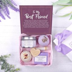 Best Friend Spa Gift Box: BFF Spa Gift Box, Best Friend Spa Gift Box, Long Distance, Quotes, Friends Forever– Dear Ava Candles Luxury, Small Gestures, Necklace Gift Box, Diy Gift Baskets, Spa Gift Box, Purple Gift, Lavender Candle, Castile Soap, Spa Gift