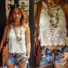 two pictures of a woman wearing shorts and a top with crochet on it