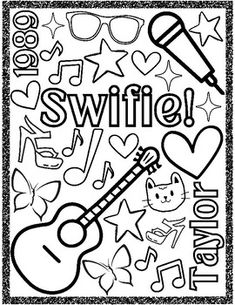 a black and white coloring page with the words swiffie on it, including an acoustic