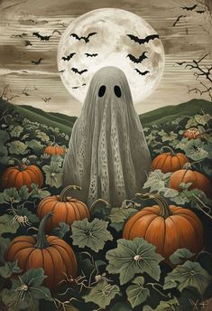 a painting of a ghost surrounded by pumpkins