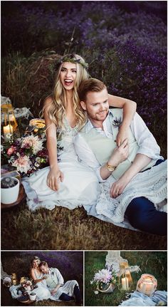 a man and woman sitting on the ground with candles in their hands, surrounded by flowers