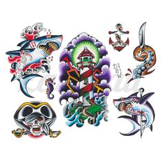 Traditional Set - Temporary Tattoo Zee Tattoo, Traditional Nautical Tattoo, Traditional Tattoo Animals, Flash Art Tattoos, Traditional Tattoo Flash Sheets, Traditional Tattoo Flash Art, Lightning Tattoo, Traditional Style Tattoo, Kunst Tattoos