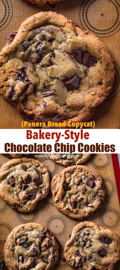 chocolate chip cookies are stacked on top of each other with the words, bake - style