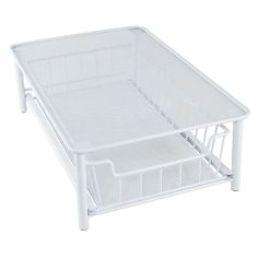 a white coffee table with two trays on it's sides and bottom shelf