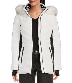 From MICHAEL Michael Kors&#x2C; this coat features:Puffer silhouetteStand collar neckline Removable faux fur trimmed hoodLong sleeves with reflective outer shell Knit cuffsQuilt patternFront zip pocketsFittedFaux down fillFully lined Straight hemlineCenter front zip closure Approx. 27.5" lengthPolyester; lining: polyesterMachine wash/tumble dry Imported. Collar Detachable, Fur Hood, Outdoor Wear, Puffer Coat, Fur Trim, Puffer Jacket, Stand Collar, Winter Coat, Zip Pockets