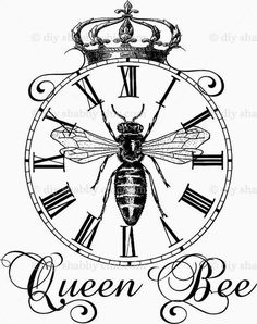 a clock with a bee on it and the words queen bee written in roman numerals