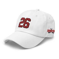 Wear this custom player hat to show your love for your favorite player.   Customized with color, number, name.  This dad hat is unstructured with a soft feel, has a low profile with an adjustable strap and curved visor. * Unstructured, 6-panel, low-profile * 6 embroidered eyelets * Adjustable strap with antique buckle * 100% chino cotton twill This product is made especially for you as soon as you place an order, which is why it takes us a bit longer to deliver it to you. Making products on dema White Snapback Visor Hat With Letter Print, White Letter Print Snapback Visor Hat, White Letter Print Visor Snapback Hat, White Flat Bill Baseball Cap For Baseball Season, White Flat Bill Fitted Hat For Sports Events, White Fitted Hat For Sports Events With Embroidered Logo, White Trucker Hat With Letter Print Visor, White Fitted Hat With Embroidered Logo For Sports Events, White Cotton Snapback Hat For Sports Events